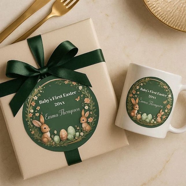 Adesivo Redondo Coroa de Páscoa da Primeira Primavera do Bebê Anim (Baby's First Easter Spring Wreath Woodland Animals Classic Round Sticker)