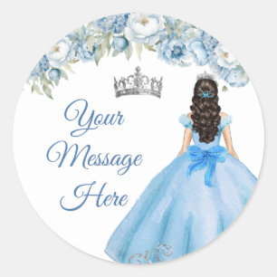 Adesivo Redondo Coroa de Prata Floral Azul Quinceañera Sua Mensage