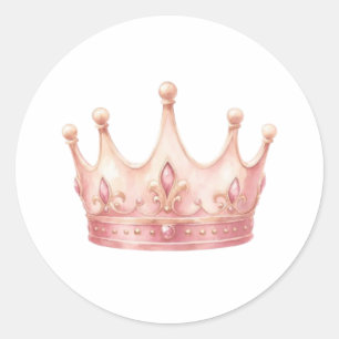 Adesivo Redondo Coroa de Princesa Rosa Elegante Aquarela Clássica