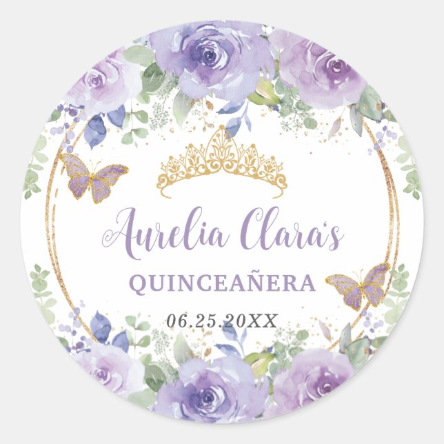 Adesivo Redondo Coroa de Quinceañera de Lilás Roxo com Borboletas (Frente)