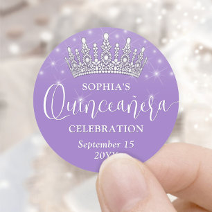Adesivo Redondo Coroa de Quinceañera Elegantes Faíscas Lilás Roxo