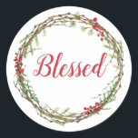 Adesivo Redondo Coroa de Verdura de Inverno e Frutas Natal Abençoa<br><div class="desc">Selo de envelope festivo elegante e moderno ou autocolante de presente para o Natal com o texto 'Abençoado' em caligrafia chic vermelha e um toque elegante de coroa de verdura de inverno e frutos. Exclusivamente concebido para si pelo Happy Dolphin Studio. Se precisar de ajuda ou produtos correspondentes, por favor...</div>