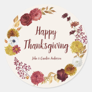 Adesivo Redondo Coroa Floral Burgundy Feliz Dia de Ação de Graças