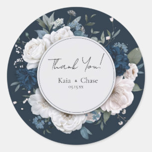 Adesivo Redondo Coroa Floral de Casamento Azul Naval Branco Temper