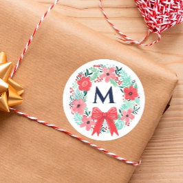 Adesivo Redondo Coroa Floral de Natal com Laço Vermelho Monograma