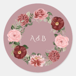 Adesivo Redondo Coroa Floral de Noiva em Rosa Empoeirado Burgundy