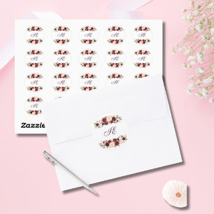 Adesivo Redondo Coroa Floral de Rosa de Blush Burgundy com Monogra