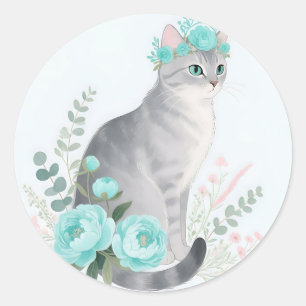 Adesivo Redondo Coroa Floral Gato Cinza
