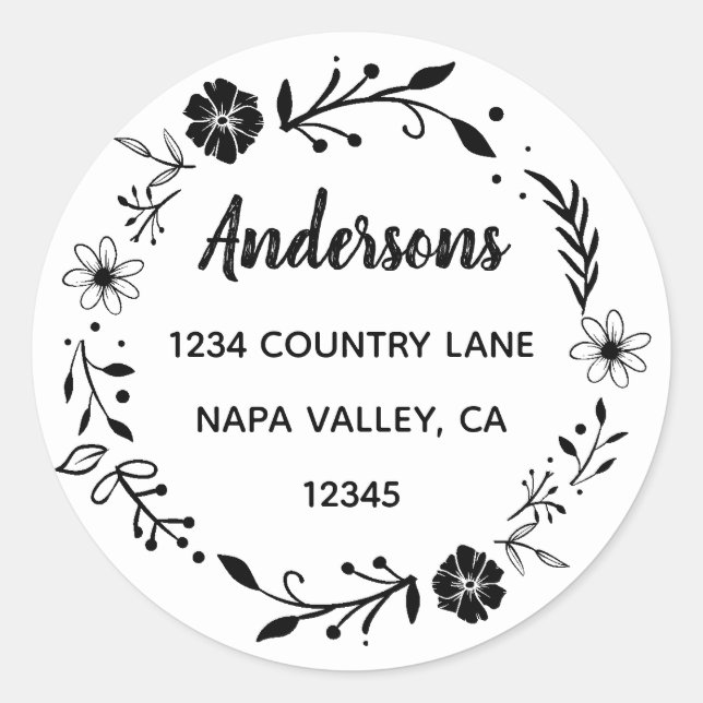 Adesivo Redondo Coroa Floral | Nome da Família Endereço de Devoluç (Frente)