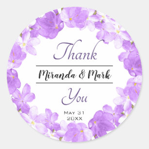 Adesivo Redondo Coroa Floral Roxa Aquarela Casamento Agradecimento