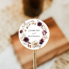 Adesivo Redondo Coroa Floral Rústica de Outono Marsala Casamento