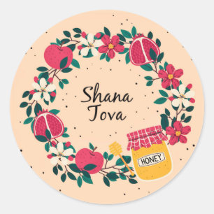 Adesivo Redondo Coroa Floral Shana Tova Maçãs de Rosh Hashanah