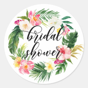 Adesivo Redondo Coroa Floral Tropical Aquarela Chá de Noiva