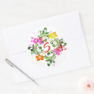 Adesivo Redondo Coroa floral tropical do Hibiscus, verde-rosa, ama