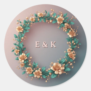 Adesivo Redondo Coroa Floral Verde e Dourada Quadro de Convite ✨