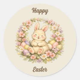 Adesivo Redondo Coroa Floral Vintage Coelho Feliz Páscoa