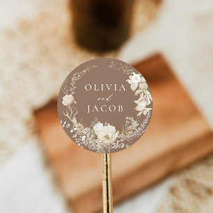 Adesivo Redondo Coroa Floral Vintage Elegante Casamento Marrom