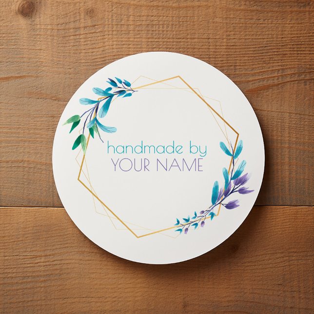 Adesivo Redondo Coroa geométrica dourada "Handmade by" (Round white thank you sticker with gold frame and watercolor botanical accents)