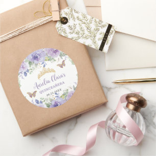 Adesivo Redondo Coroa Quinceañera Floral Lilás Roxo Borboletas