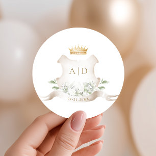 Adesivo Redondo Coroa Real de Casamento Monograma Gold Crest