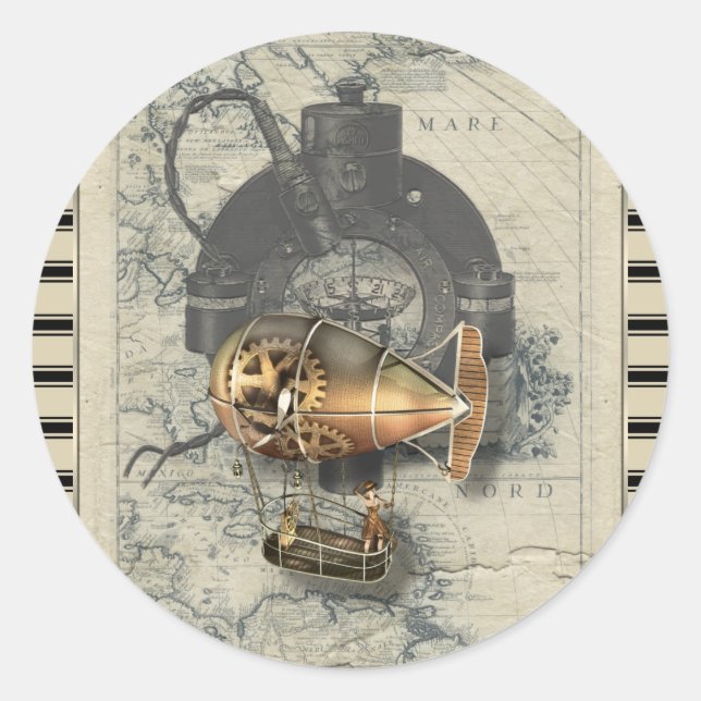 Adesivo Redondo Corrida de Balão Dirigível Steampunk (Frente)