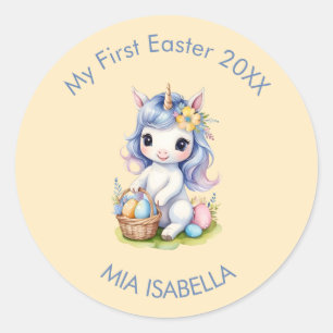 Adesivo Redondo Cortar a minha primeira Páscoa do Unicorn Baby Sti