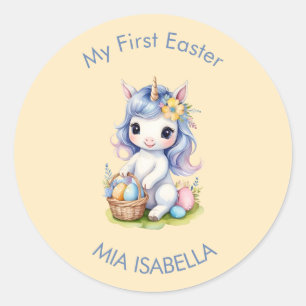 Adesivo Redondo Cortar a minha primeira Páscoa do Unicorn Baby Sti