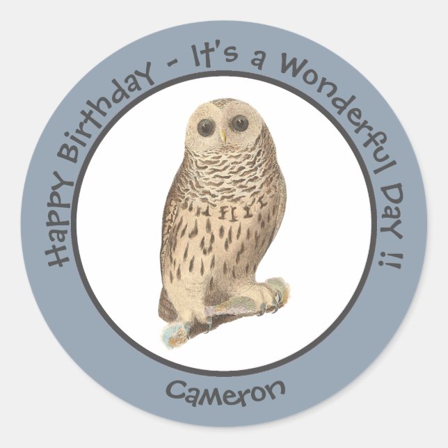 Adesivo Redondo Coruja Barred - Aniversário ou Outro Evento Pensad (Frente)