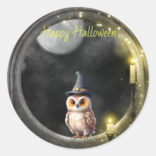 Adesivo Redondo Coruja das Halloween na Janela Torre Redonda