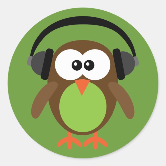 Adesivo Redondo Coruja de Cartoon com Fones de ouvido (Frente)