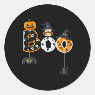 Adesivo Redondo Coruja de Halloween com aranhas de bruxa