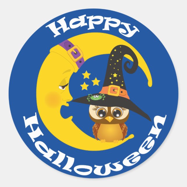 Adesivo Redondo Coruja e lua no Halloween (Frente)
