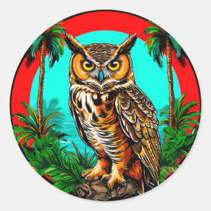 Adesivo Redondo Coruja Empoleirada na Rocha 🦉 Arte Noturna da Nat
