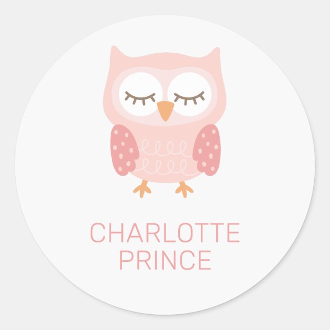 Adesivo Redondo 'Coruja Rosa', fofa personalizada (Frente)