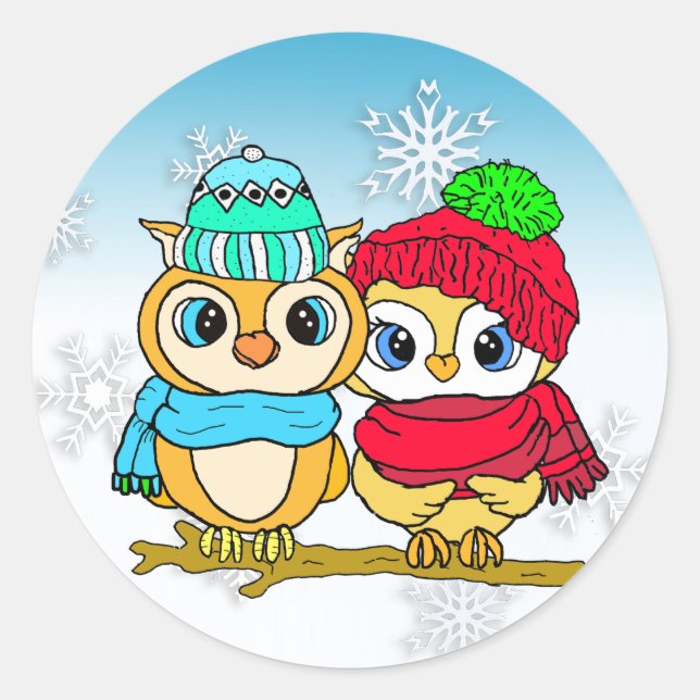Adesivo Redondo Corujas Brancas no Natal do Branch (Frente)