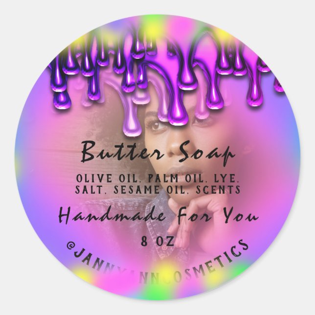 Adesivo Redondo Cosméticos de sabão de manteiga Foto holográfica f (Frente)