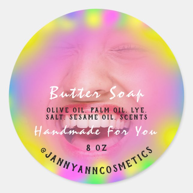 Adesivo Redondo Cosméticos de sabão de manteiga Sorriso Holográfic (Frente)