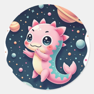 Adesivo Redondo Cosmic Axolotl Galactic Space Adventure Kawaii Sti
