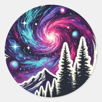 Adesivo Redondo Cosmic Forest: Galaxy Meets Nature