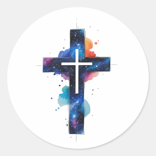 Adesivo Redondo Cosmic Grace Galaxy Christian Cross Sticker (Frente)