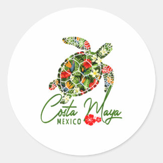 Adesivo Redondo Costa Maya México Tartaruga Marinha Hibisco Tropic