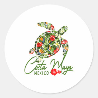 Adesivo Redondo Costa Maya México Tartaruga Marinha Hibisco Tropic