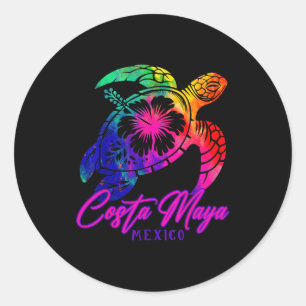 Adesivo Redondo Costa Maya México Tie Dye Tartaruga Marinha Hibisc