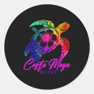 Adesivo Redondo Costa Maya México Tie Dye Tartaruga Marinha Hibisc