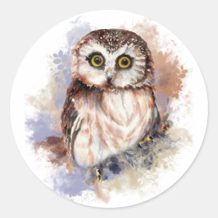 Adesivo Redondo Cota Watercolor Owl Bird Nature art