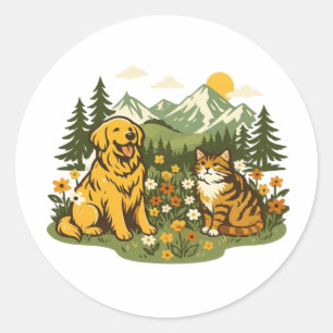 Adesivo Redondo Cottagecore Cachorro e Gato Melhores Amigos Flor S