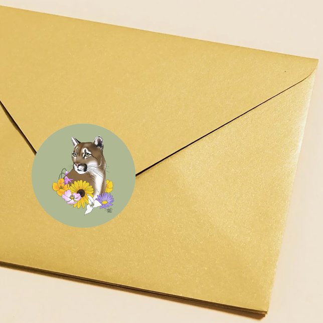 Adesivo Redondo Cougar Mountain Lion Puma Flores (Criador carregado)