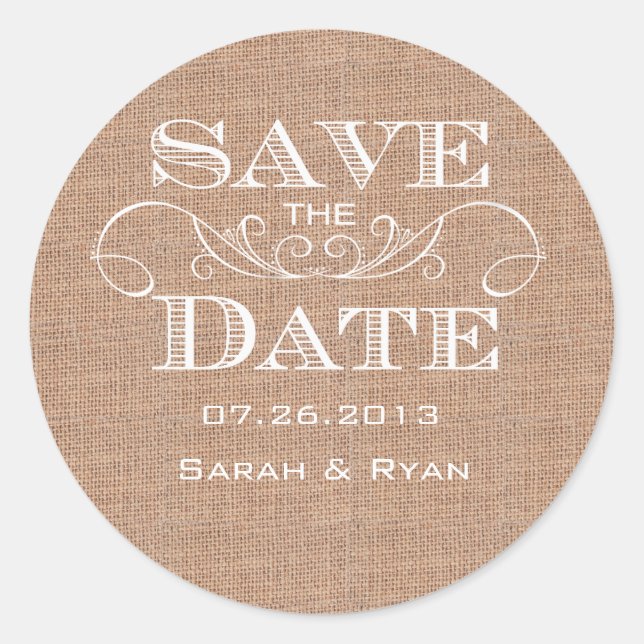 Adesivo Redondo Country Burlap Impressão Save the Date Sticker (Frente)