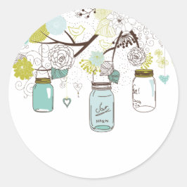 Adesivo Redondo Country Mason Jars Blue Flowers