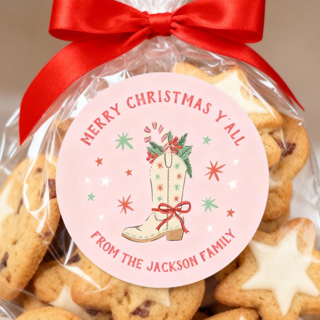 Adesivo Redondo Country Merry Christmas Y'all Cowboy Boot Gift (Merry Christmas y'all stickers with festive cowboy foot illustration)
